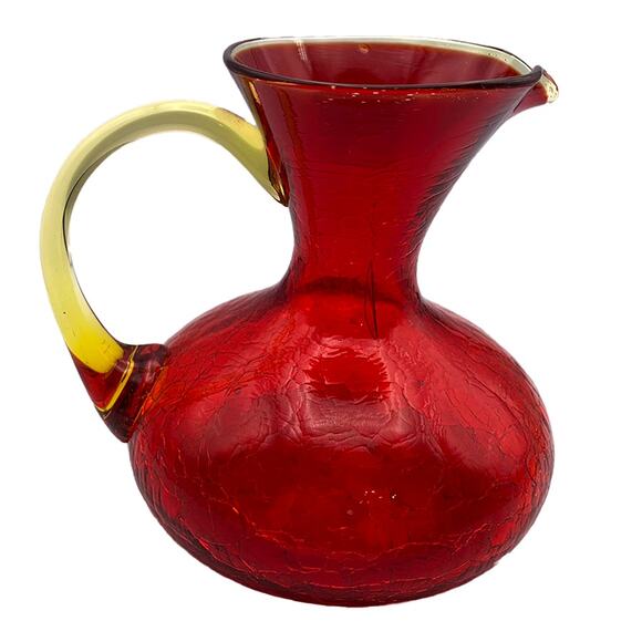 Vintage Rainbow Glass PITCHER Handblown Red Crackle Glass Yellow Handle VGC - Picture 12 of 12